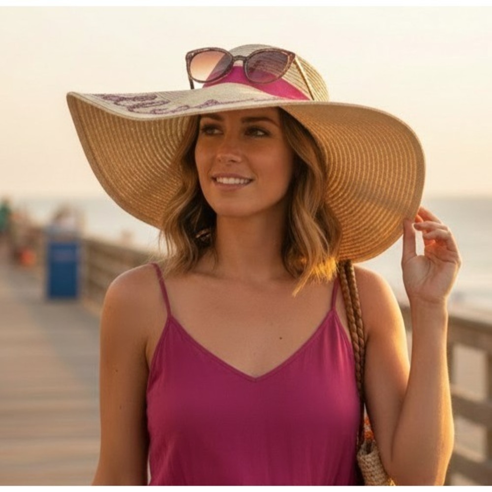Lake Shore Drive Endless Summer Script Pink Sequin Ribbon Beige Floppy Hat EUC